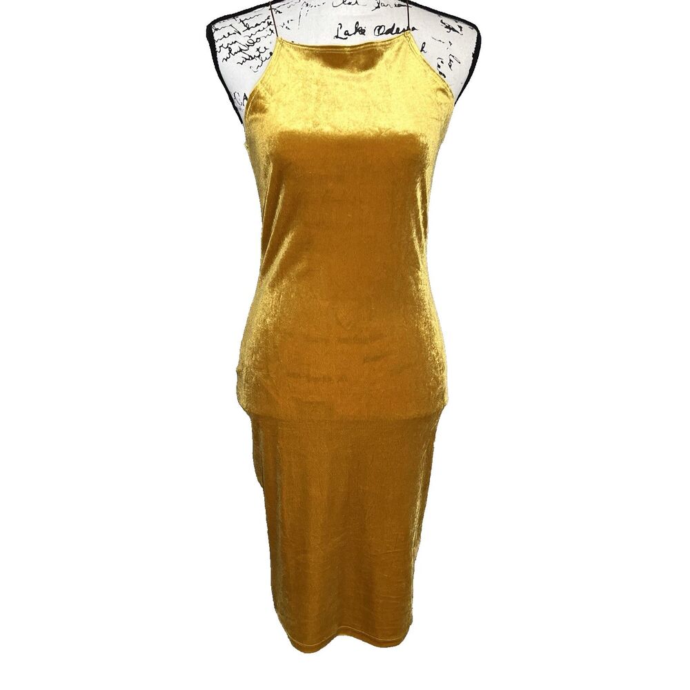 Forever 21 Gold Velvet Dress Sz Medium 90s Y2K Spring Party Bodycon Whimsigoth